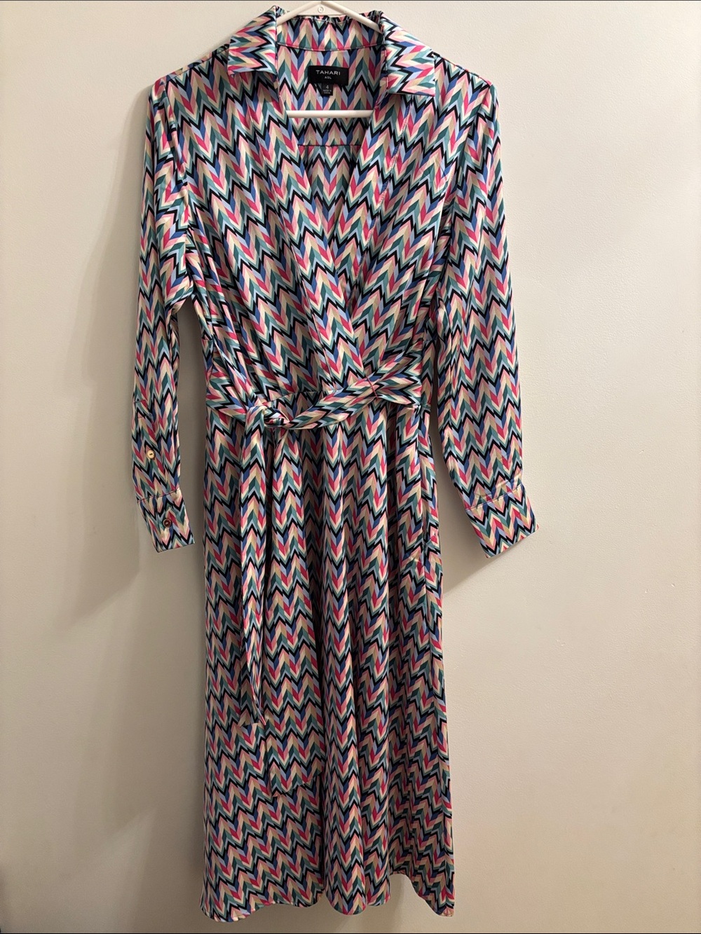 Tahari Long-Sleeve Chevron Wrap Dress in Pink, Blue & Cream